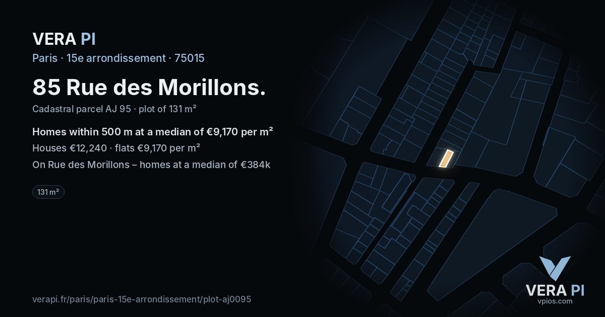 85 Rue des Morillons, 15e arrondissement at night – the plot lit, the parcels around coloured by the prices near them