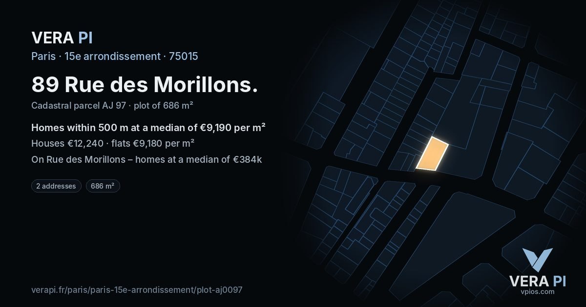 89 Rue des Morillons, 15e arrondissement at night – the plot lit, the parcels around coloured by the prices near them