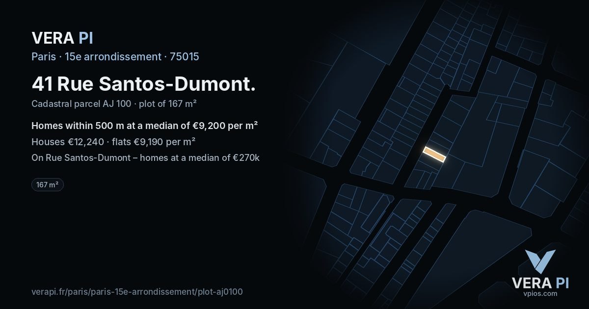 41 Rue Santos-Dumont, 15e arrondissement at night – the plot lit, the parcels around coloured by the prices near them