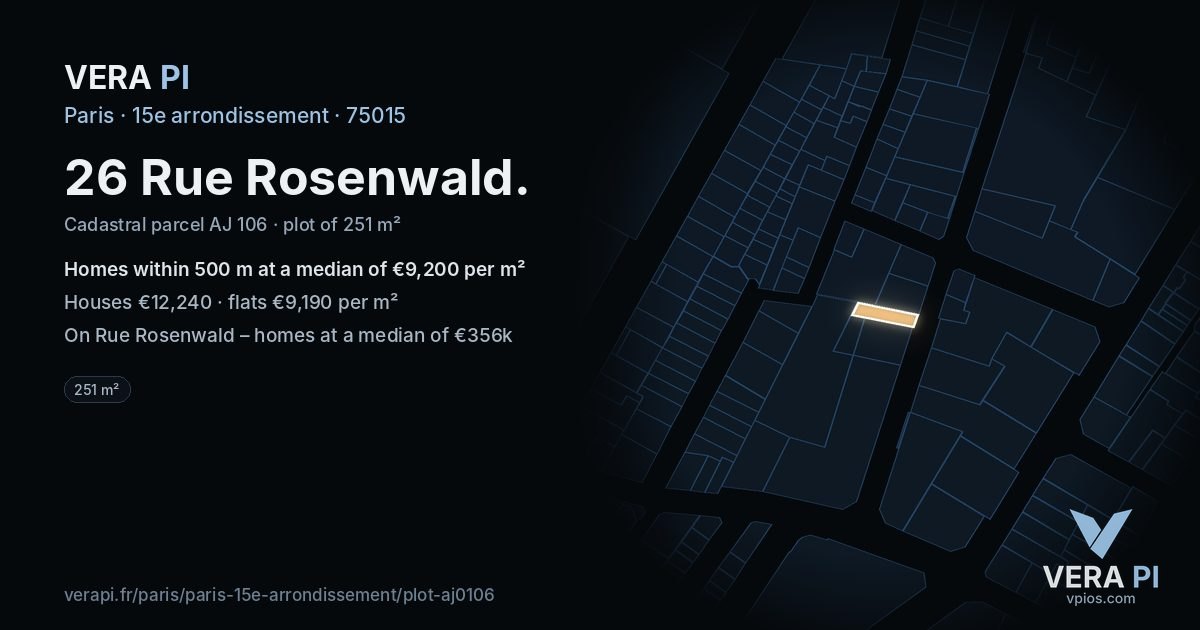 26 Rue Rosenwald, 15e arrondissement at night – the plot lit, the parcels around coloured by the prices near them