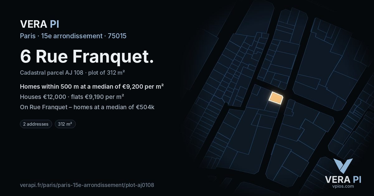 6 Rue Franquet, 15e arrondissement at night – the plot lit, the parcels around coloured by the prices near them