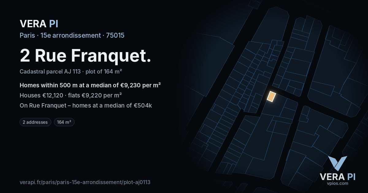 2 Rue Franquet, 15e arrondissement at night – the plot lit, the parcels around coloured by the prices near them