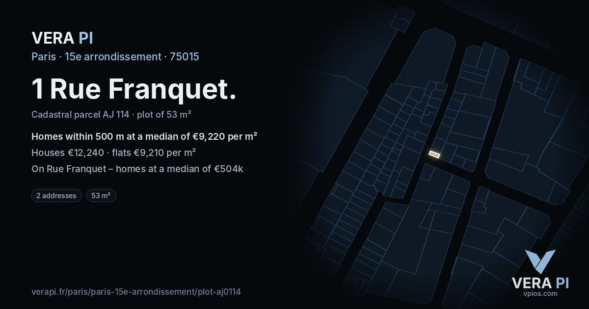 1 Rue Franquet, 15e arrondissement at night – the plot lit, the parcels around coloured by the prices near them