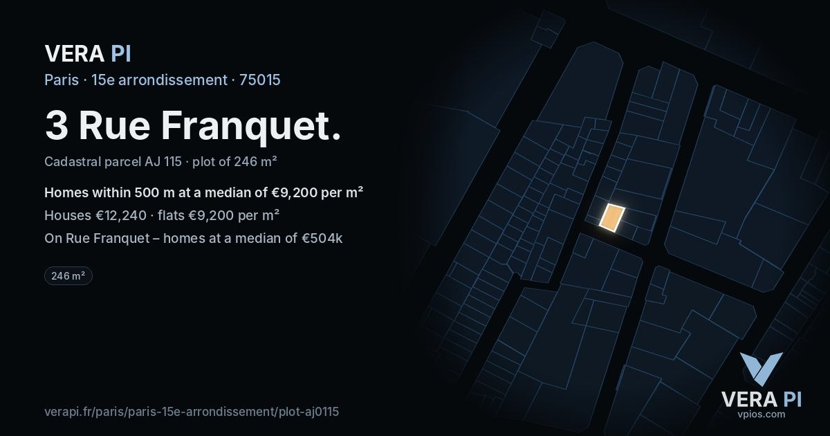 3 Rue Franquet, 15e arrondissement at night – the plot lit, the parcels around coloured by the prices near them