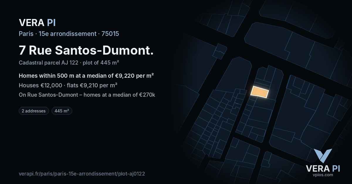 7 Rue Santos-Dumont, 15e arrondissement at night – the plot lit, the parcels around coloured by the prices near them