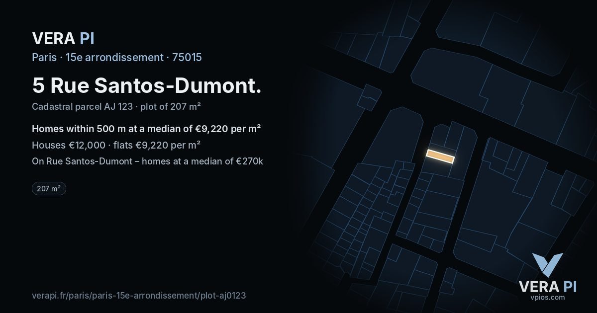 5 Rue Santos-Dumont, 15e arrondissement at night – the plot lit, the parcels around coloured by the prices near them