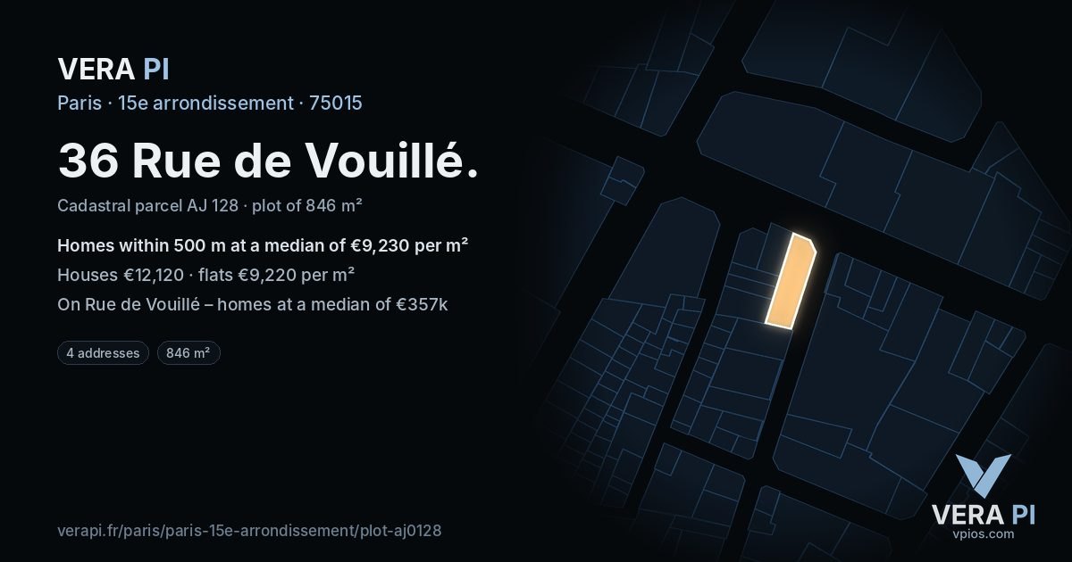 36 Rue de Vouillé, 15e arrondissement at night – the plot lit, the parcels around coloured by the prices near them