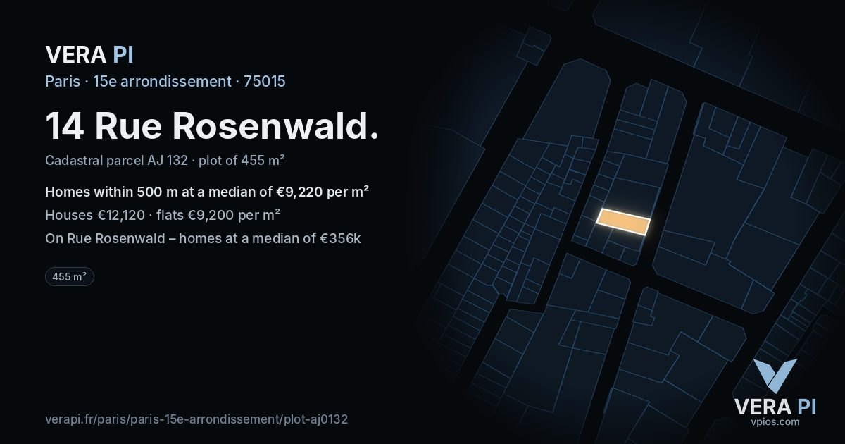 14 Rue Rosenwald, 15e arrondissement at night – the plot lit, the parcels around coloured by the prices near them