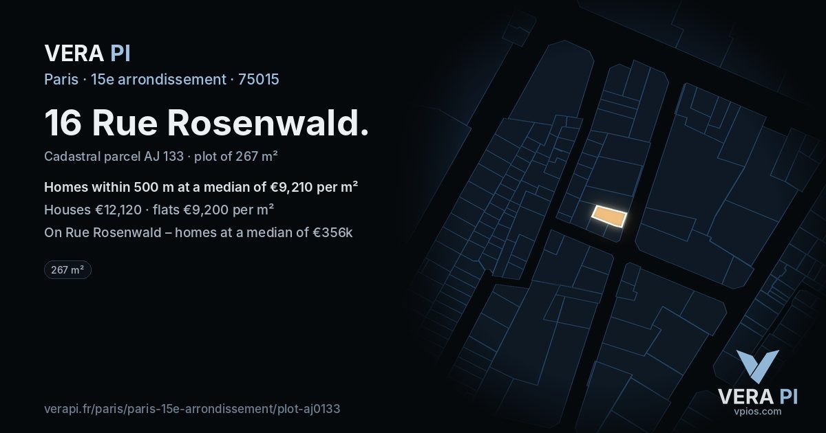 16 Rue Rosenwald, 15e arrondissement at night – the plot lit, the parcels around coloured by the prices near them