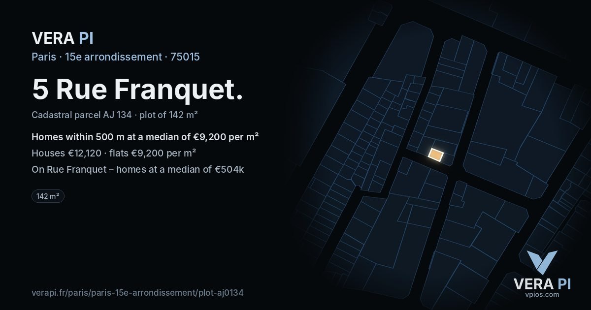 5 Rue Franquet, 15e arrondissement at night – the plot lit, the parcels around coloured by the prices near them
