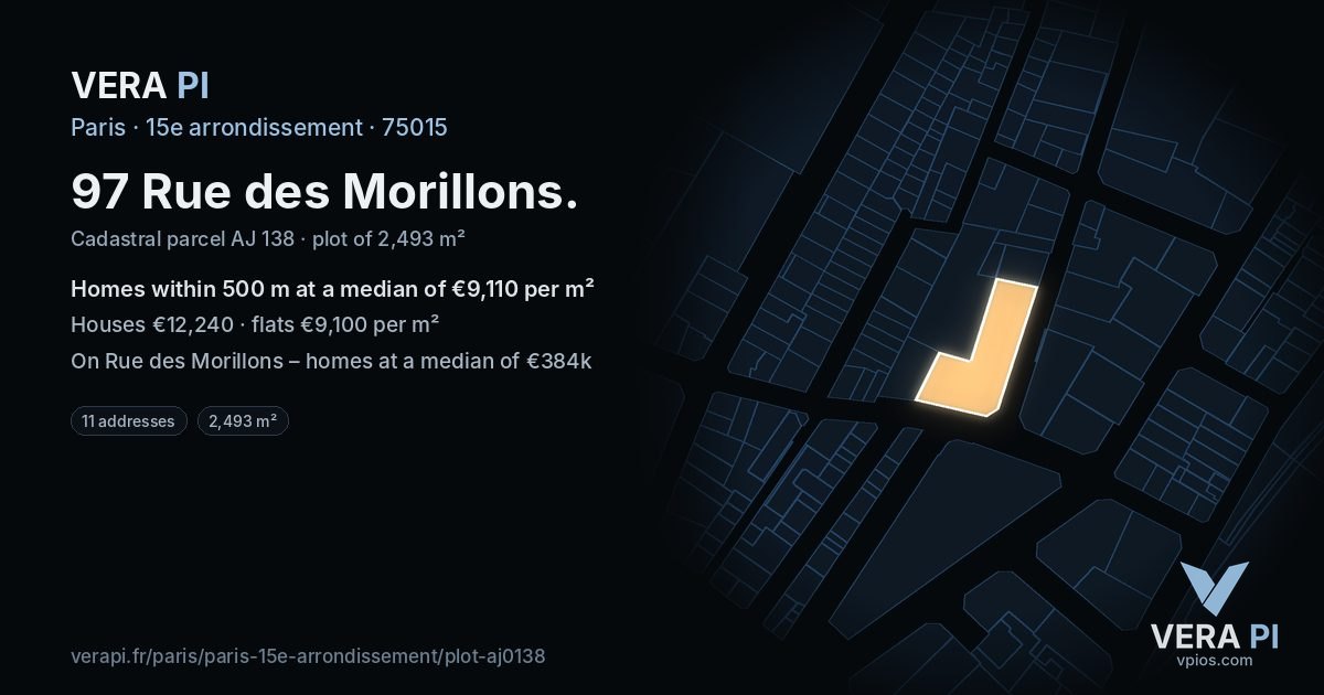 97 Rue des Morillons, 15e arrondissement at night – the plot lit, the parcels around coloured by the prices near them