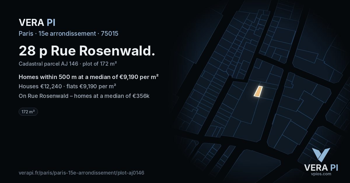 28 p Rue Rosenwald, 15e arrondissement at night – the plot lit, the parcels around coloured by the prices near them