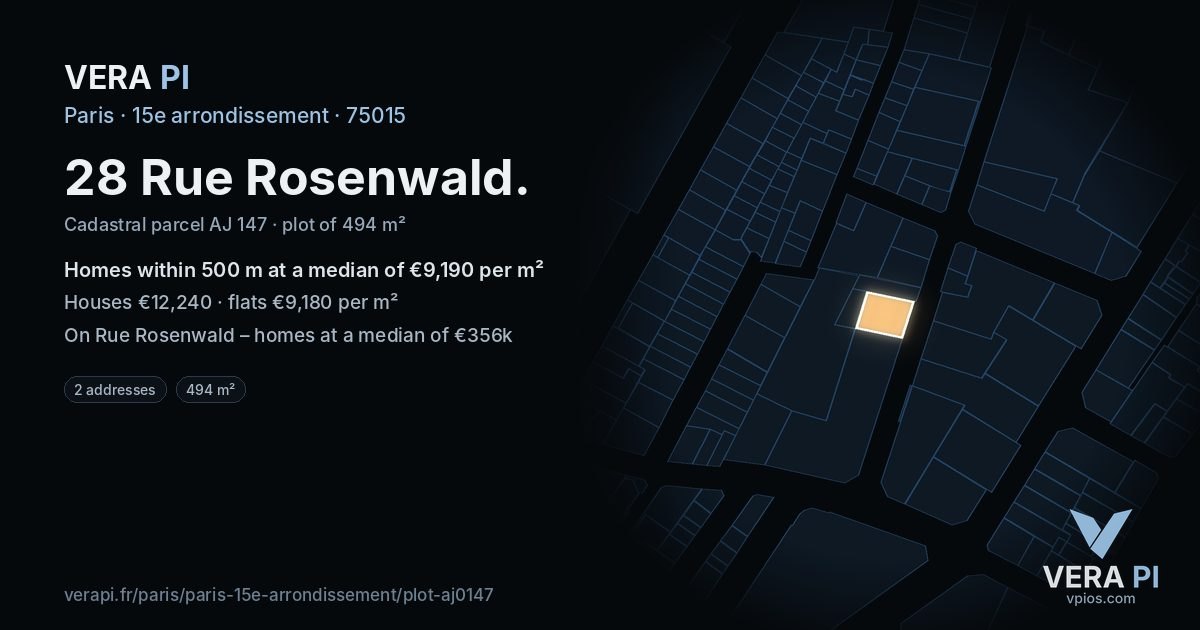 28 Rue Rosenwald, 15e arrondissement at night – the plot lit, the parcels around coloured by the prices near them