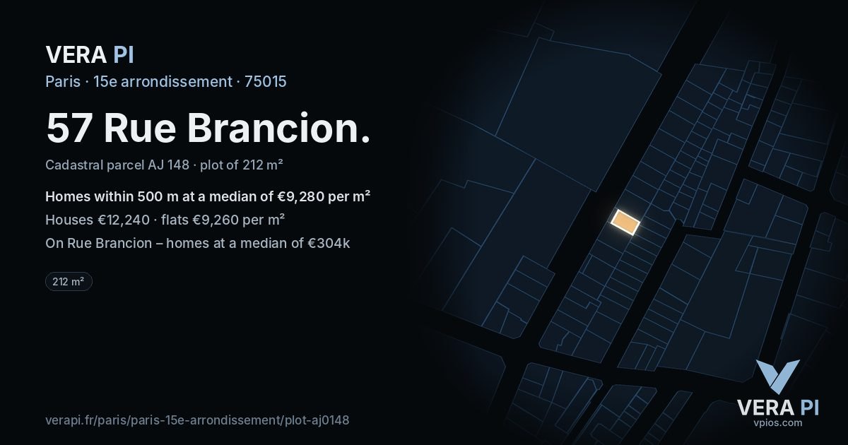 57 Rue Brancion, 15e arrondissement at night – the plot lit, the parcels around coloured by the prices near them
