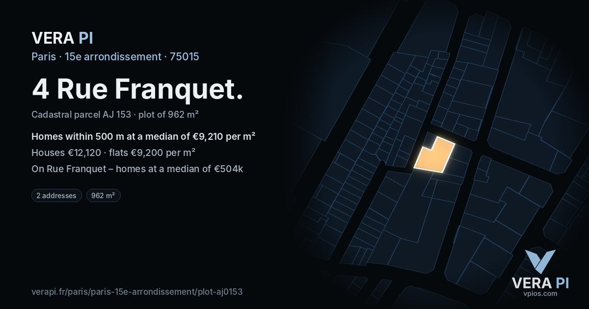 4 Rue Franquet, 15e arrondissement at night – the plot lit, the parcels around coloured by the prices near them