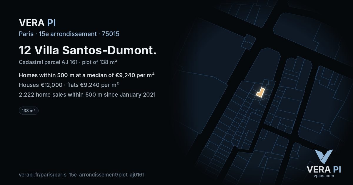 12 Villa Santos-Dumont, 15e arrondissement at night – the plot lit, the parcels around coloured by the prices near them