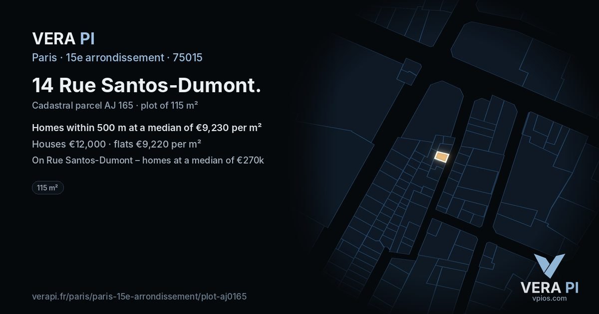 14 Rue Santos-Dumont, 15e arrondissement at night – the plot lit, the parcels around coloured by the prices near them