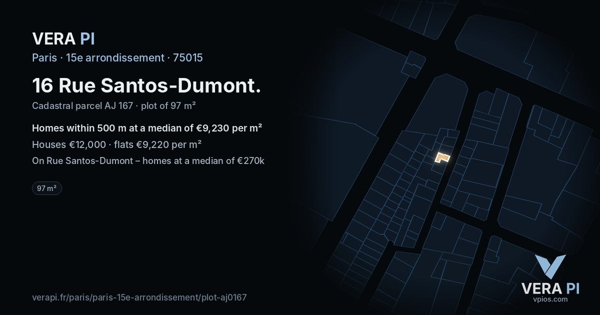 16 Rue Santos-Dumont, 15e arrondissement at night – the plot lit, the parcels around coloured by the prices near them