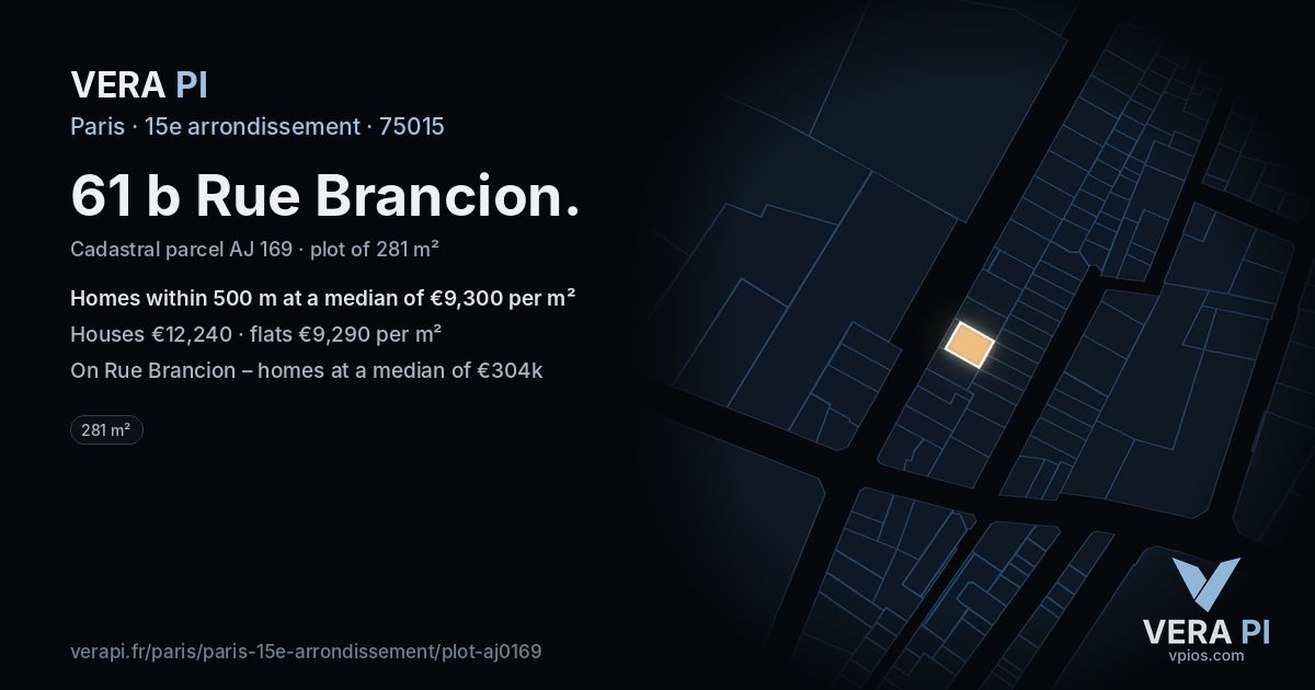 61 b Rue Brancion, 15e arrondissement at night – the plot lit, the parcels around coloured by the prices near them