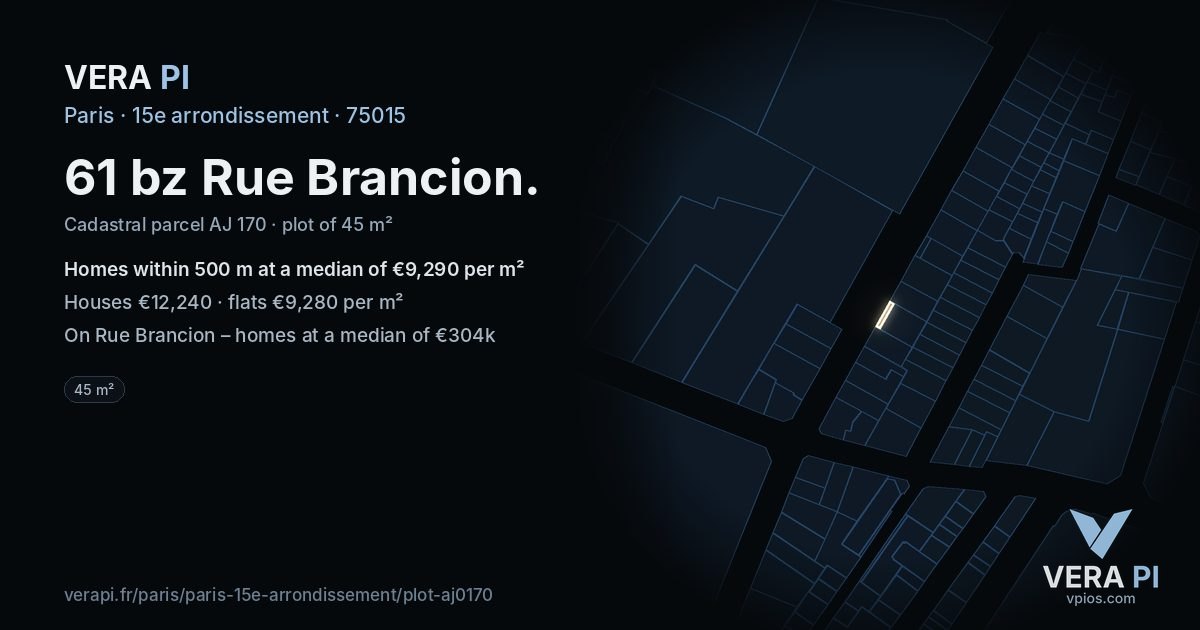 61 bz Rue Brancion, 15e arrondissement at night – the plot lit, the parcels around coloured by the prices near them