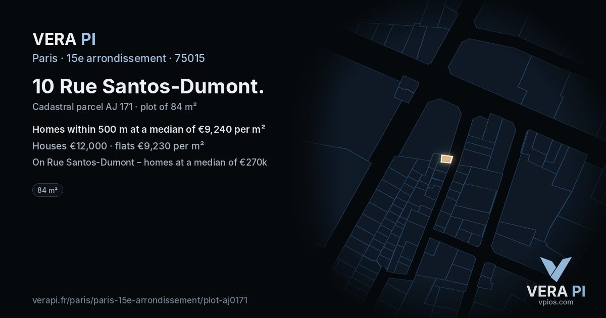 10 Rue Santos-Dumont, 15e arrondissement at night – the plot lit, the parcels around coloured by the prices near them