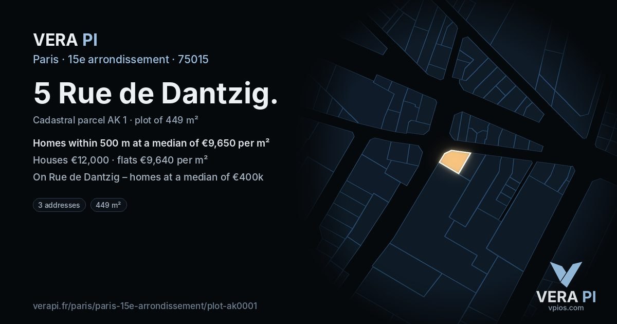 5 Rue de Dantzig, 15e arrondissement at night – the plot lit, the parcels around coloured by the prices near them