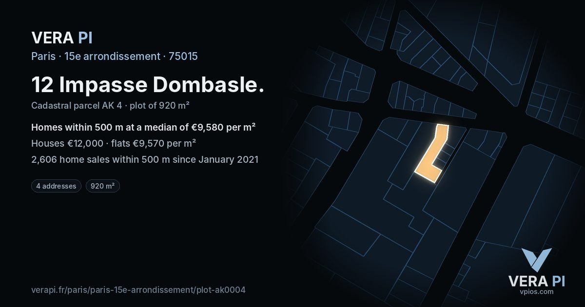 12 Impasse Dombasle, 15e arrondissement at night – the plot lit, the parcels around coloured by the prices near them