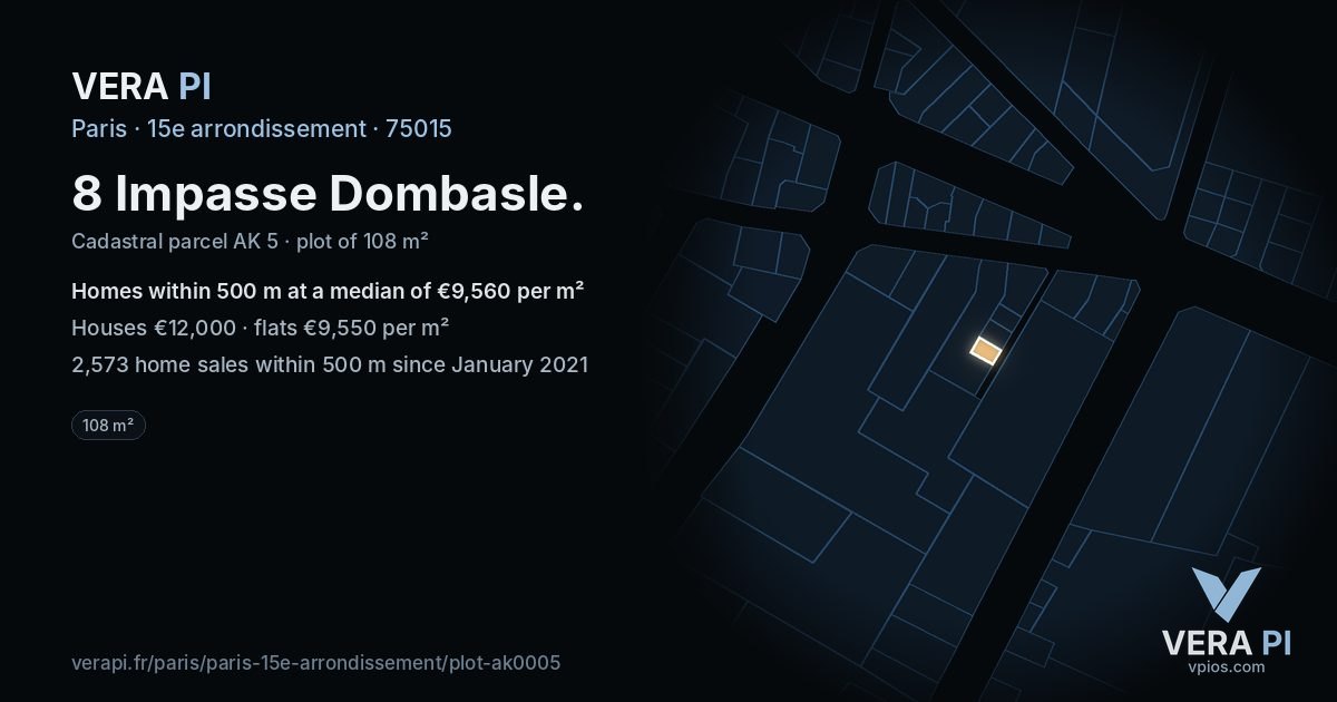 8 Impasse Dombasle, 15e arrondissement at night – the plot lit, the parcels around coloured by the prices near them