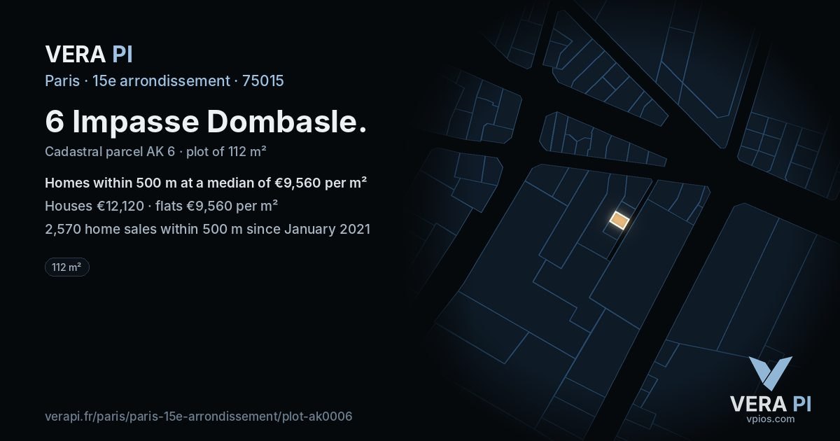 6 Impasse Dombasle, 15e arrondissement at night – the plot lit, the parcels around coloured by the prices near them