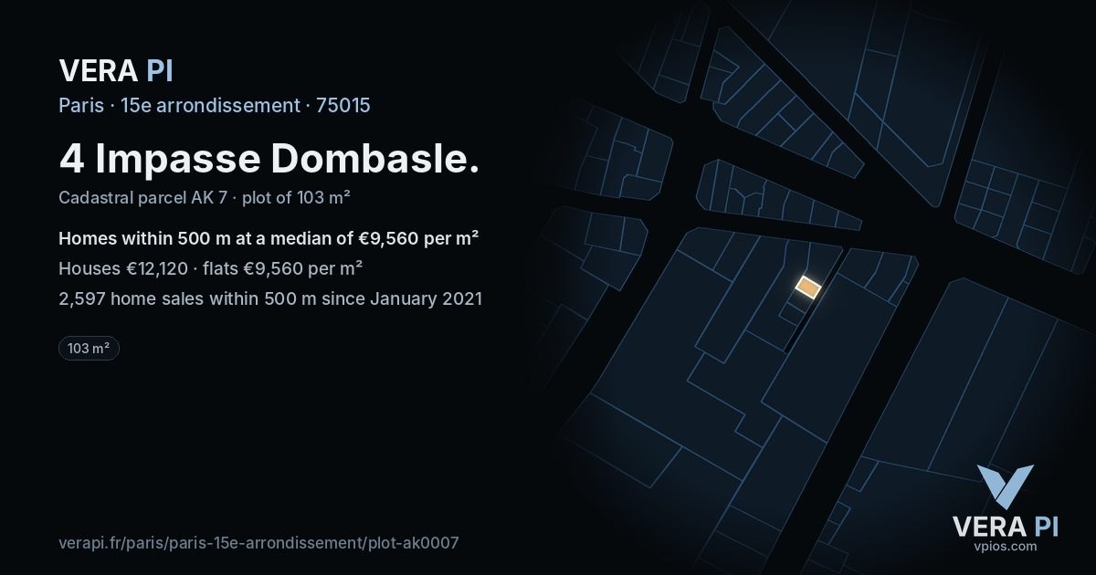 4 Impasse Dombasle, 15e arrondissement at night – the plot lit, the parcels around coloured by the prices near them