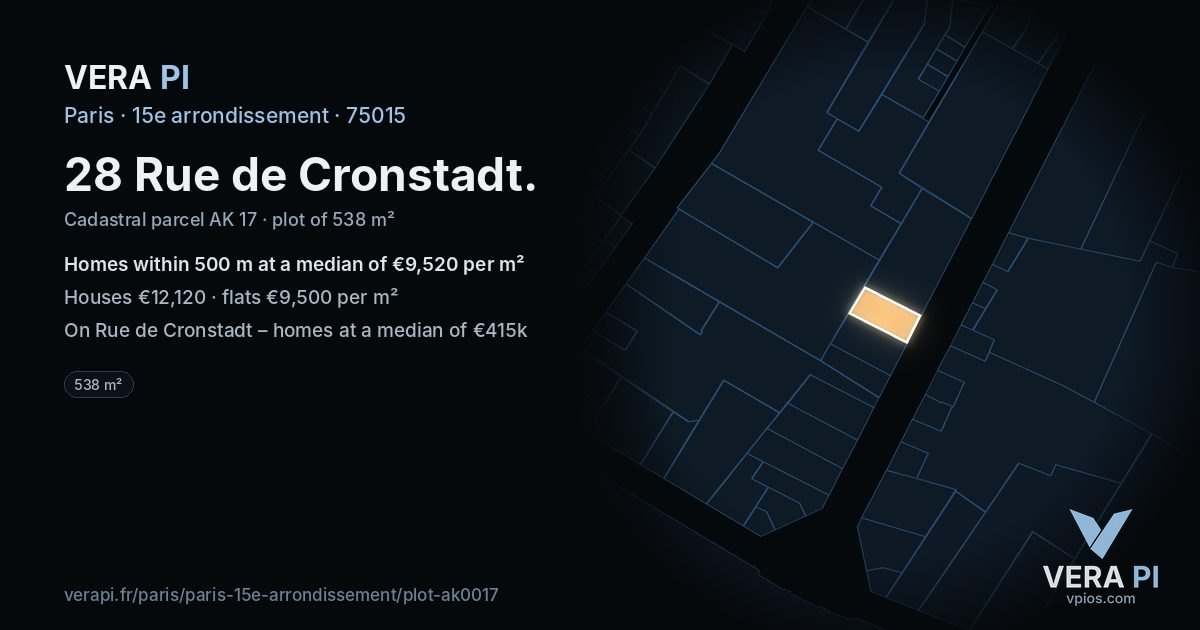 28 Rue de Cronstadt, 15e arrondissement at night – the plot lit, the parcels around coloured by the prices near them