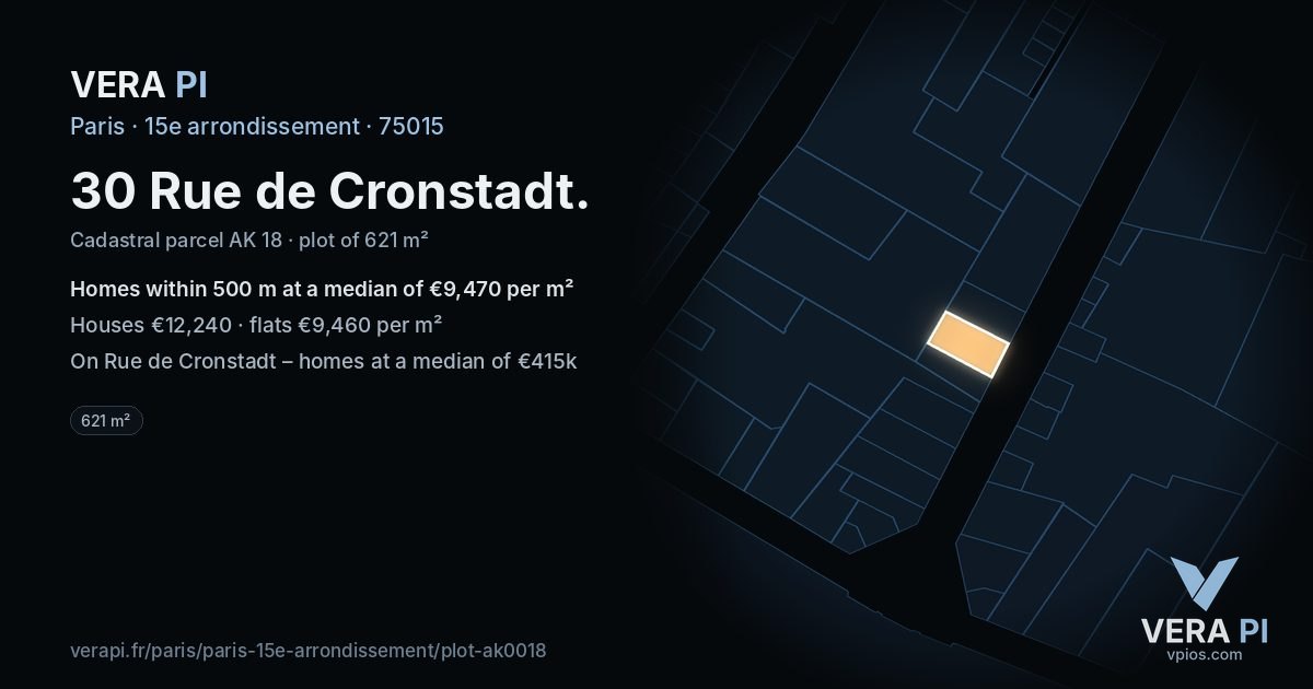 30 Rue de Cronstadt, 15e arrondissement at night – the plot lit, the parcels around coloured by the prices near them