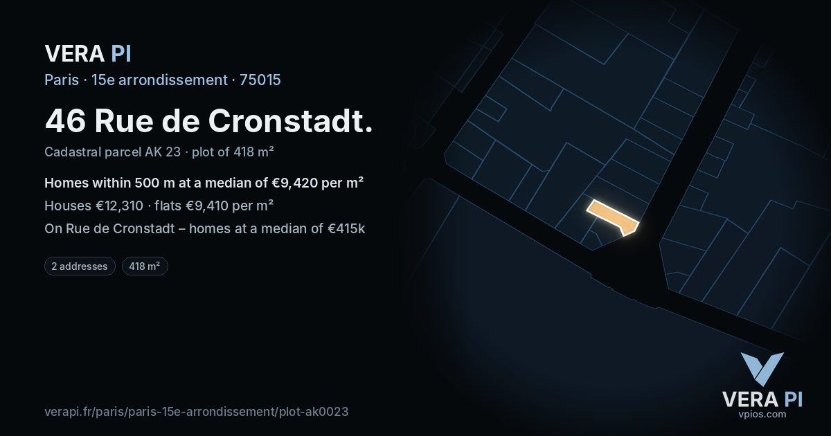 46 Rue de Cronstadt, 15e arrondissement at night – the plot lit, the parcels around coloured by the prices near them