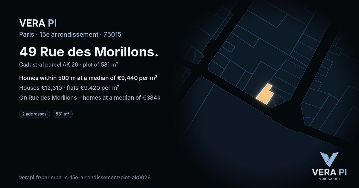49 Rue des Morillons, 15e arrondissement at night – the plot lit, the parcels around coloured by the prices near them