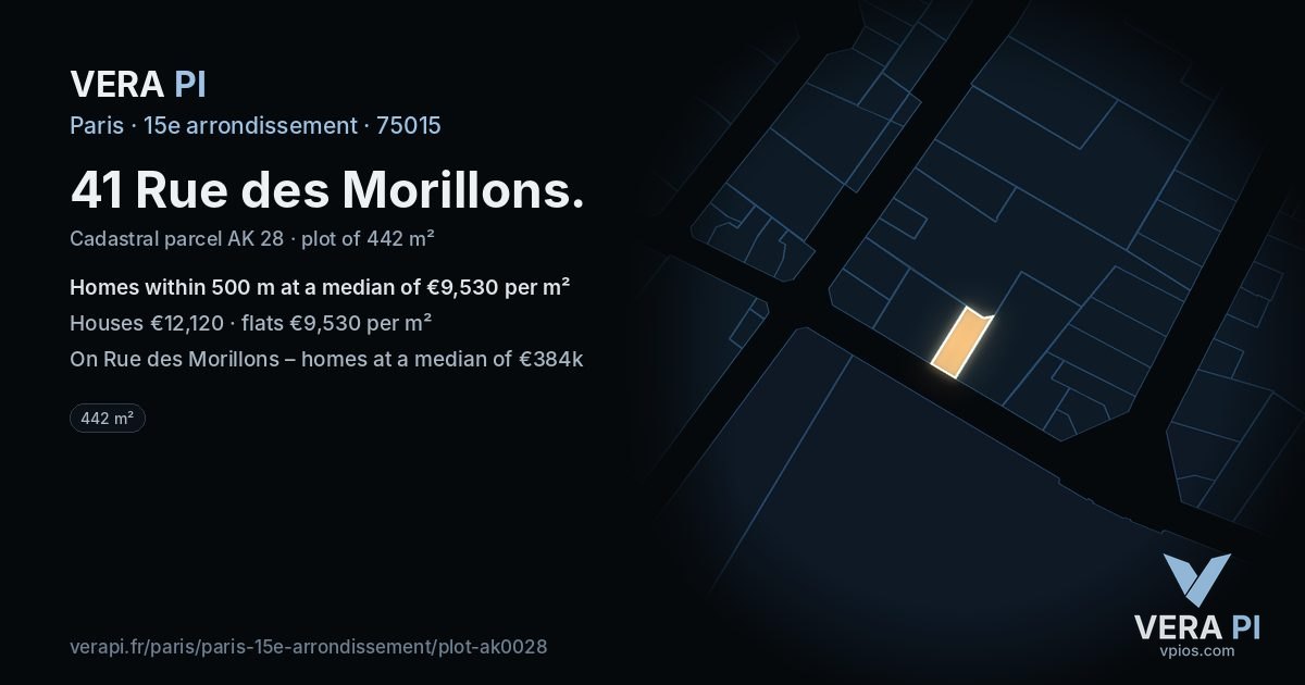 41 Rue des Morillons, 15e arrondissement at night – the plot lit, the parcels around coloured by the prices near them