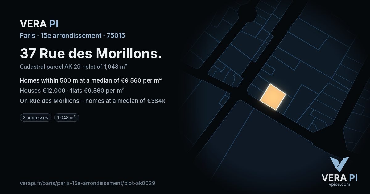 37 Rue des Morillons, 15e arrondissement at night – the plot lit, the parcels around coloured by the prices near them