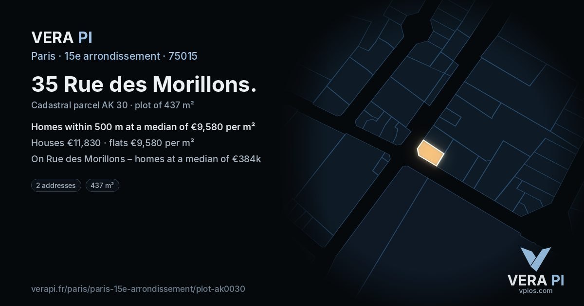 35 Rue des Morillons, 15e arrondissement at night – the plot lit, the parcels around coloured by the prices near them