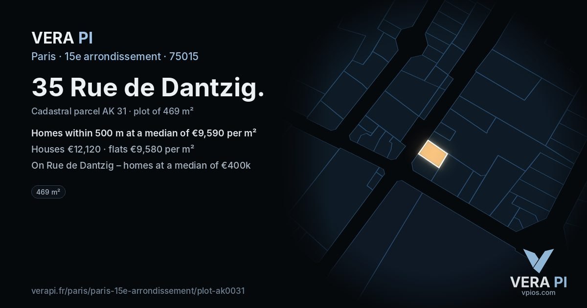 35 Rue de Dantzig, 15e arrondissement at night – the plot lit, the parcels around coloured by the prices near them