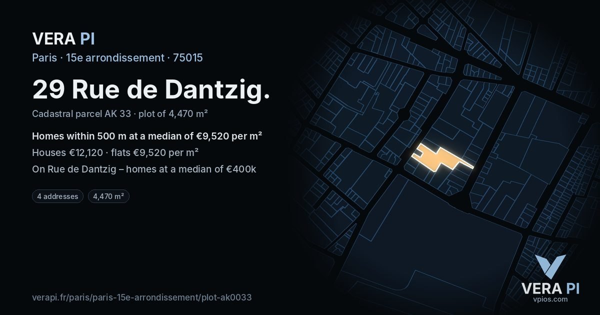 29 Rue de Dantzig, 15e arrondissement at night – the plot lit, the parcels around coloured by the prices near them
