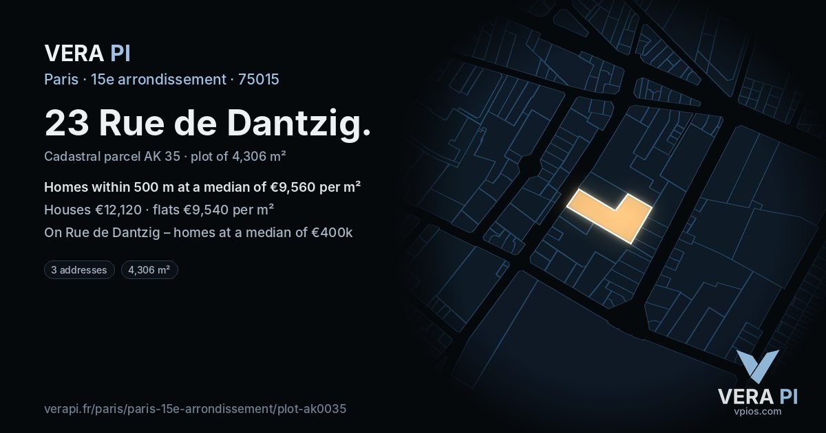 23 Rue de Dantzig, 15e arrondissement at night – the plot lit, the parcels around coloured by the prices near them