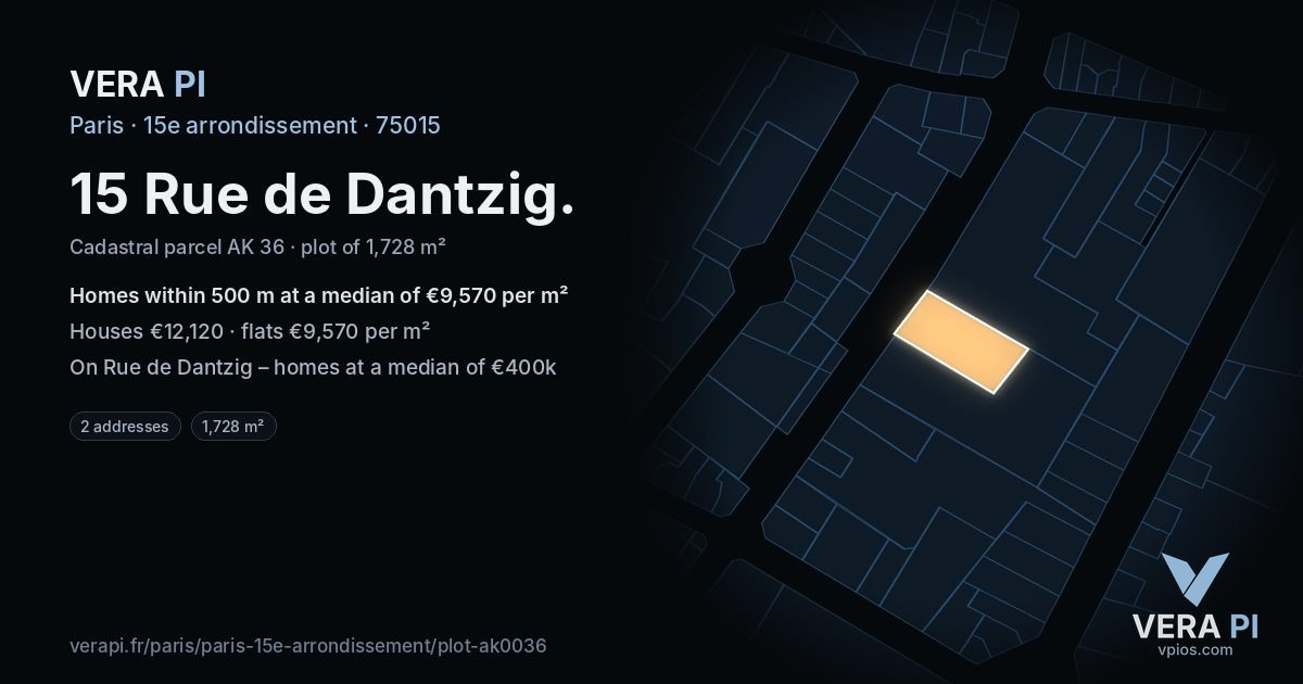 15 Rue de Dantzig, 15e arrondissement at night – the plot lit, the parcels around coloured by the prices near them