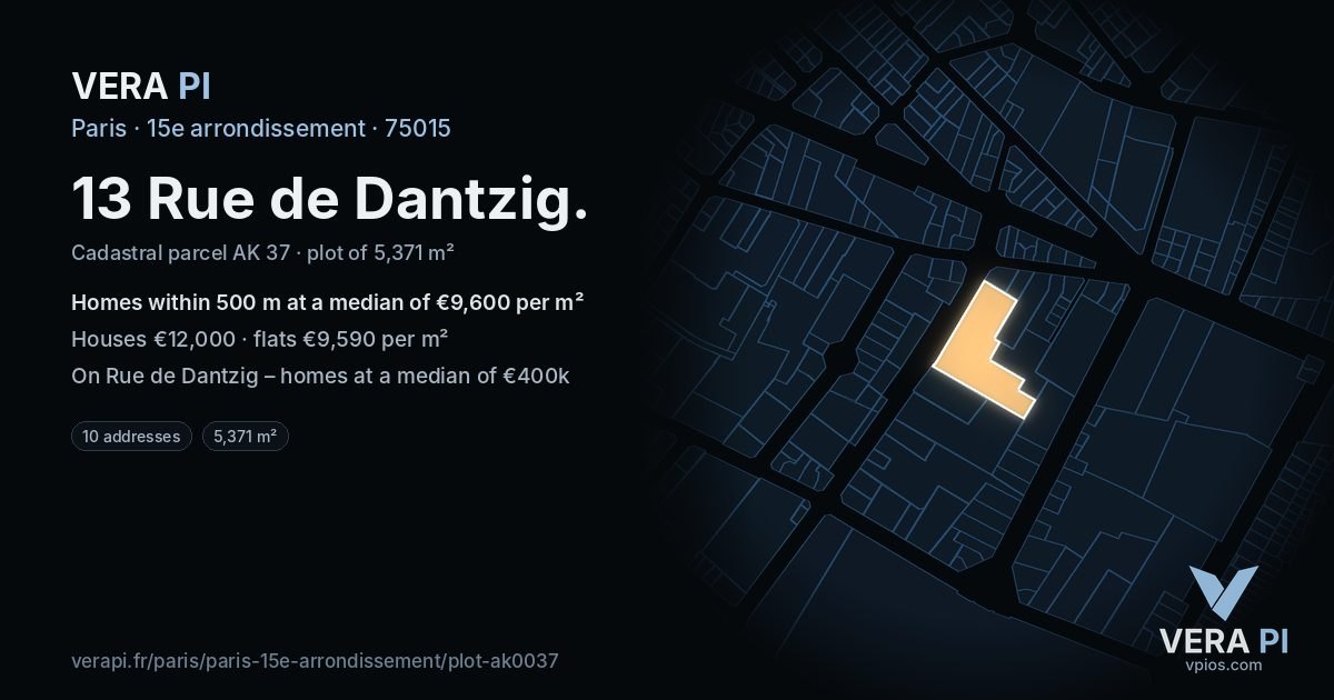 13 Rue de Dantzig, 15e arrondissement at night – the plot lit, the parcels around coloured by the prices near them