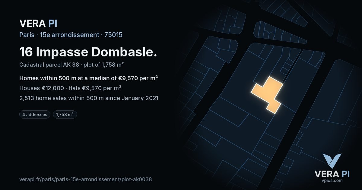 16 Impasse Dombasle, 15e arrondissement at night – the plot lit, the parcels around coloured by the prices near them