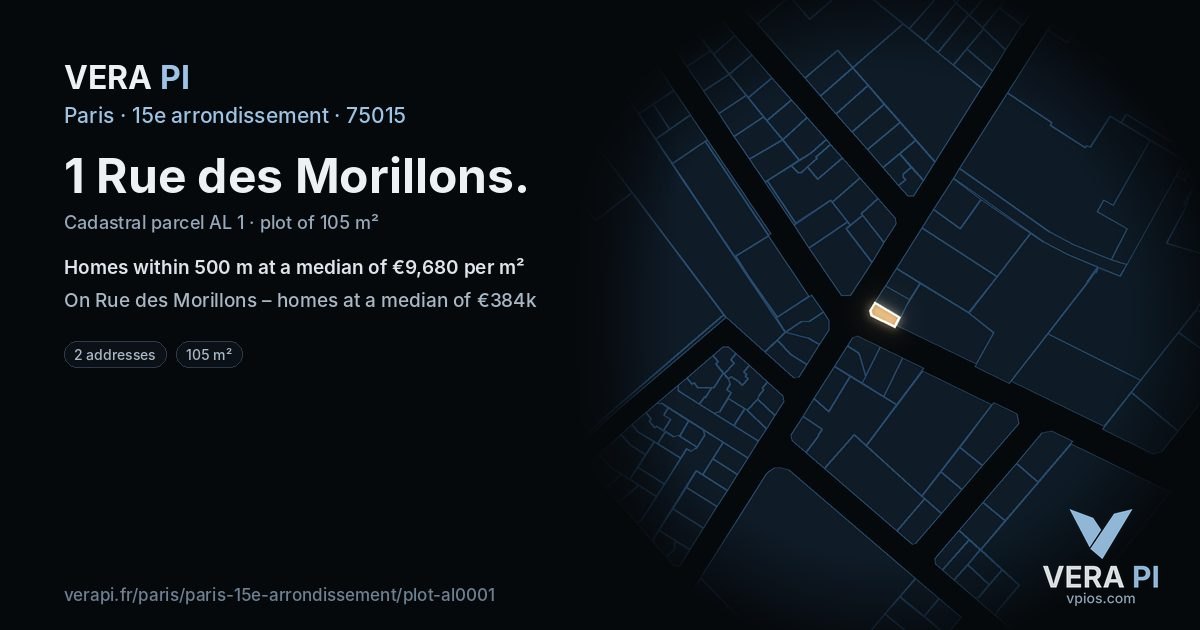 1 Rue des Morillons, 15e arrondissement at night – the plot lit, the parcels around coloured by the prices near them