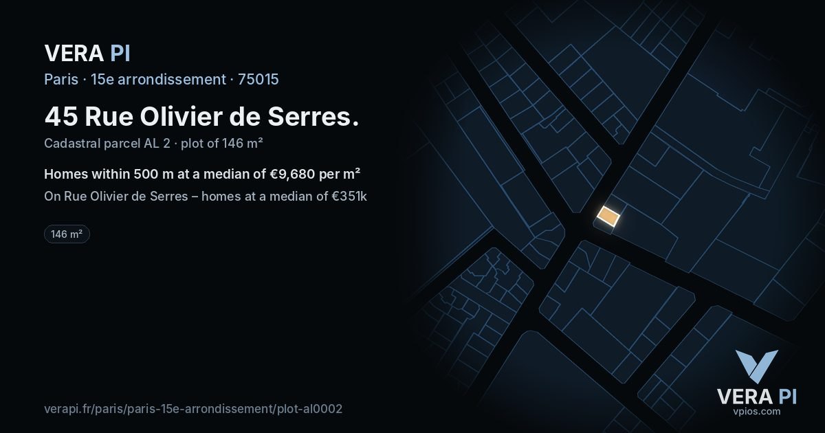 45 Rue Olivier de Serres, 15e arrondissement at night – the plot lit, the parcels around coloured by the prices near them