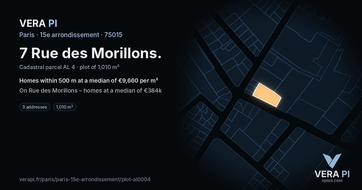 7 Rue des Morillons, 15e arrondissement at night – the plot lit, the parcels around coloured by the prices near them