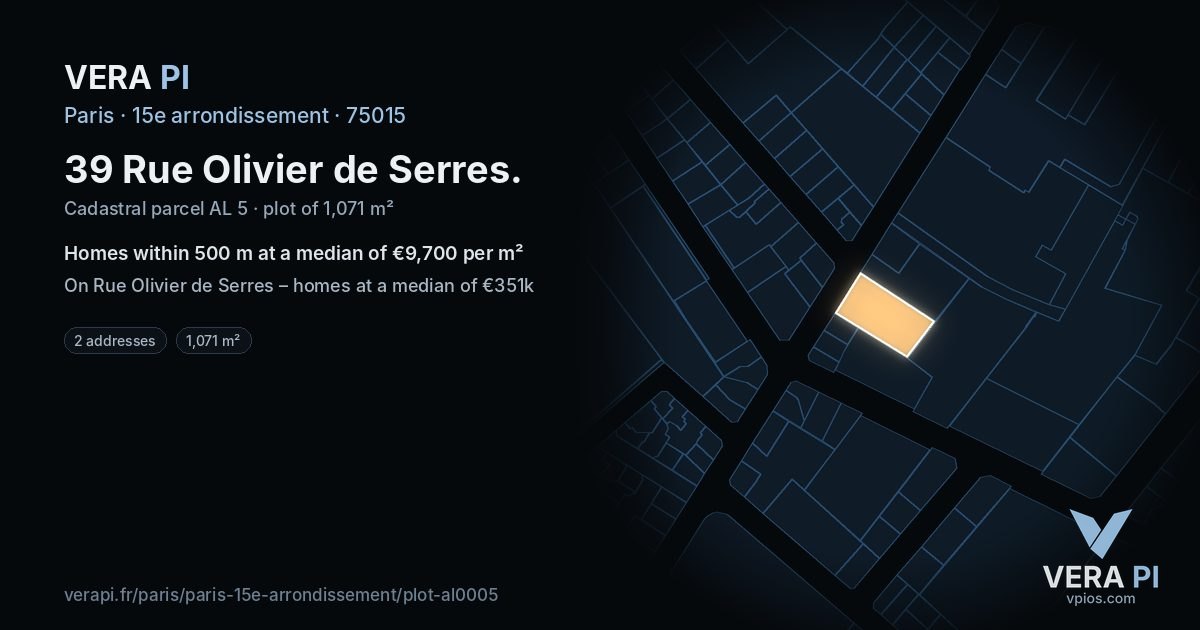 39 Rue Olivier de Serres, 15e arrondissement at night – the plot lit, the parcels around coloured by the prices near them