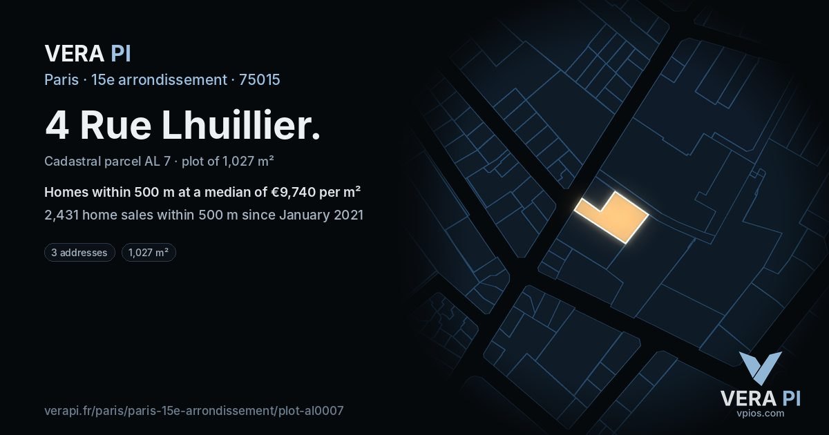4 Rue Lhuillier, 15e arrondissement at night – the plot lit, the parcels around coloured by the prices near them