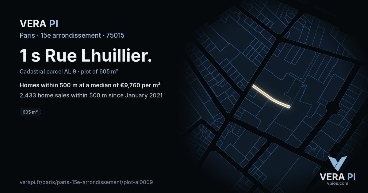 1 s Rue Lhuillier, 15e arrondissement at night – the plot lit, the parcels around coloured by the prices near them