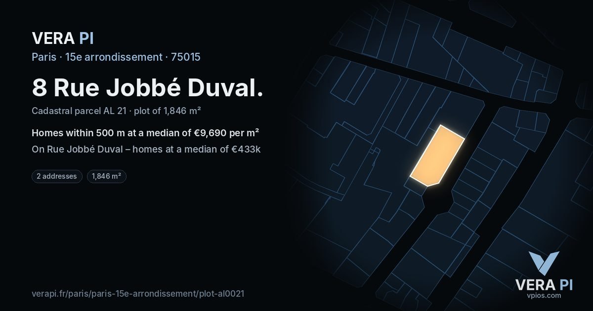 8 Rue Jobbé Duval, 15e arrondissement at night – the plot lit, the parcels around coloured by the prices near them